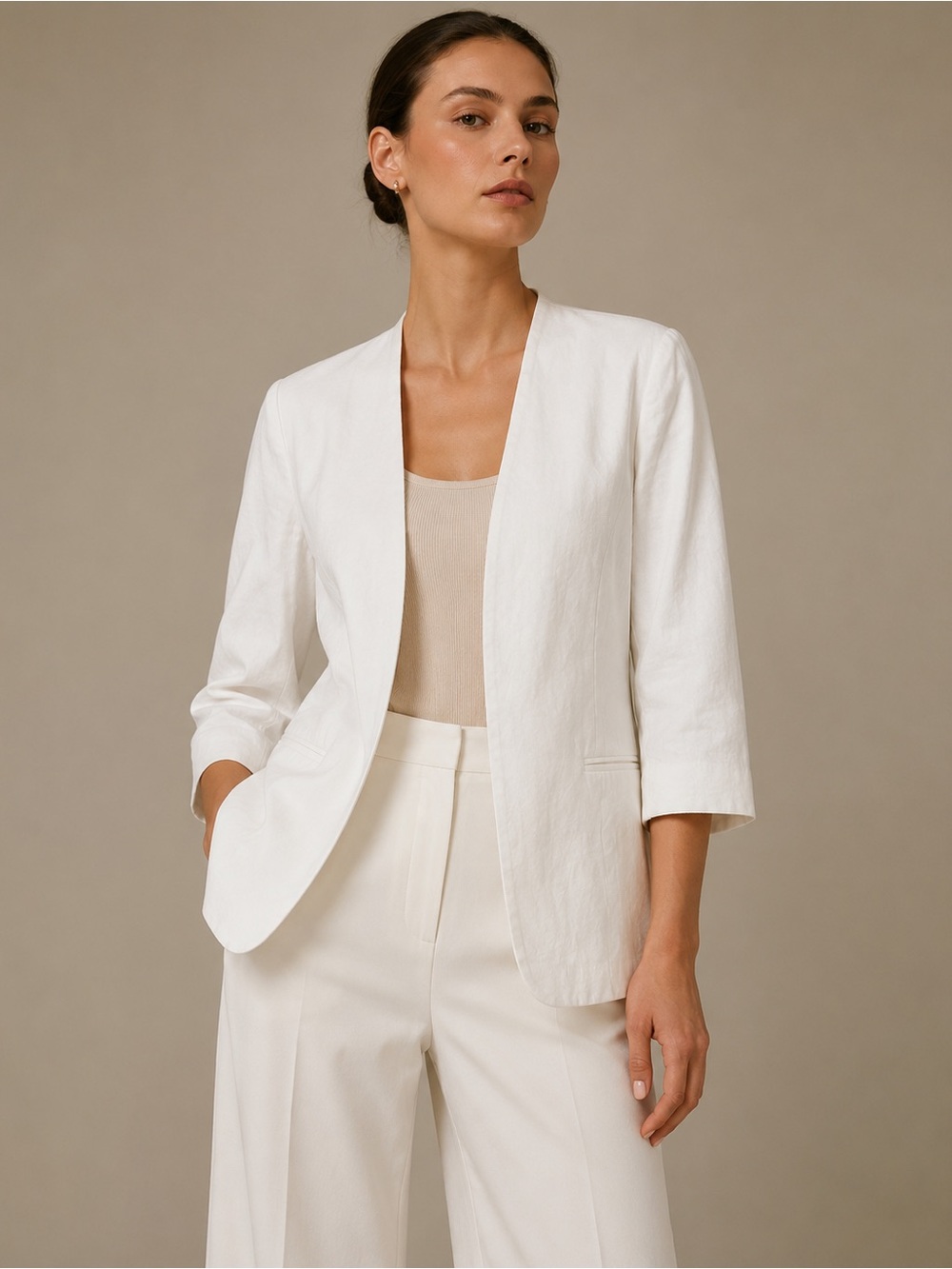 THEORY Collarless Open Front Linen Blend Blazer Jacket White 3/4 Sleeve size 12